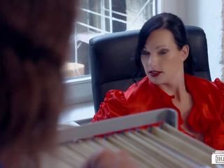 BUMS BUERO - Black-haired German secretary wears red lipstick during office dirty film